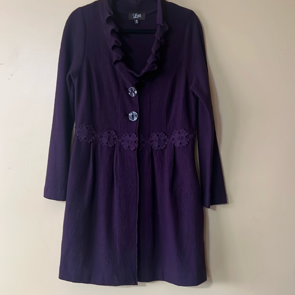 Luii Autumn Purple Boiled Wool Ruffled Big Button Long Sleeve Jacket Size Medium